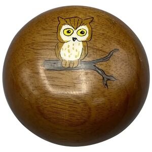 Vintage House of Myrtlewood OWL Round Wooden Paperweight Coos Bay‎ Oregon
